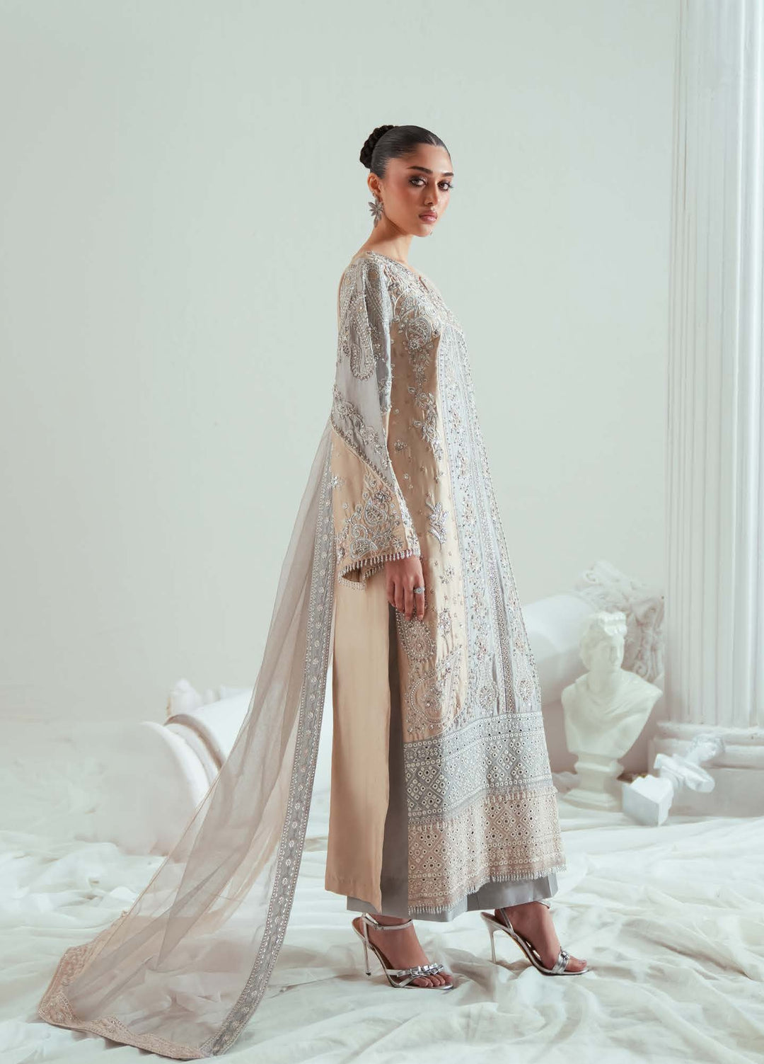 Elyse by Zariya Unstitched Embroidered Net 3 Piece Suit ZA26UEW Dovegray ZSU-6306 - Wedding Collection