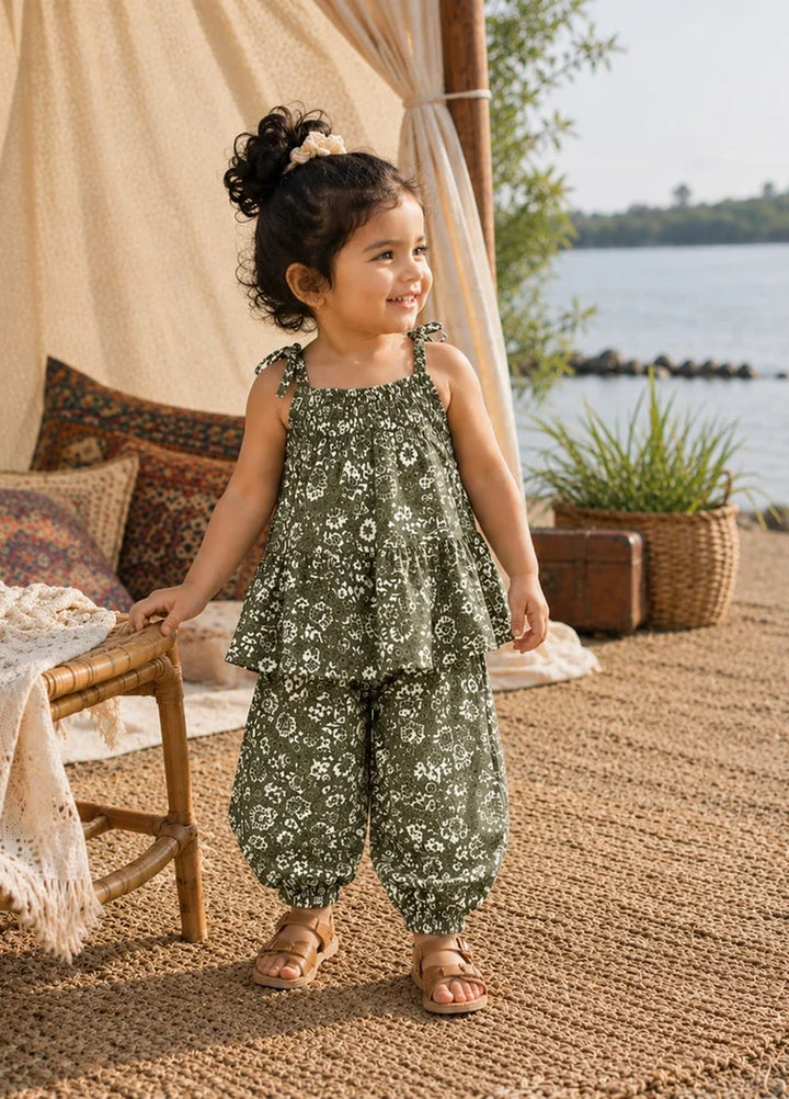 BabyCo Kids RTW Printed Cotton Co-Ord Sets Suit Olive Bloom Girls - Casual Collection