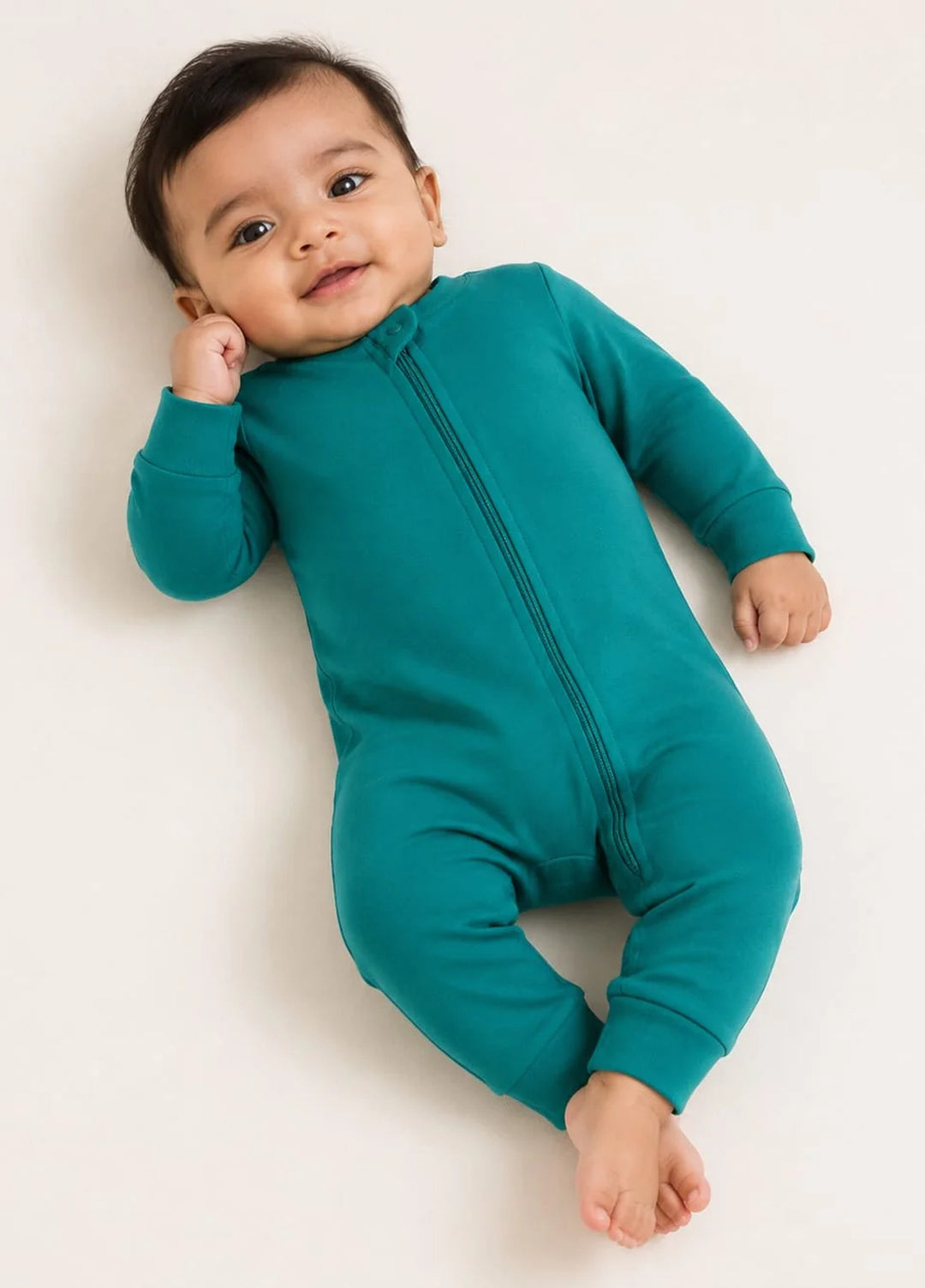 Lambkin Kids RTW Solids Cotton 1 Piece Teal Zipper Romper - Casual Collection