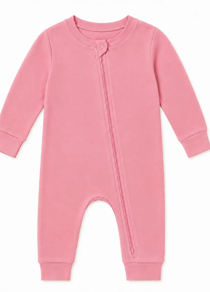 Lambkin Kids RTW Solids Cotton 1 Piece Pink Zipper Romper - Casual Collection