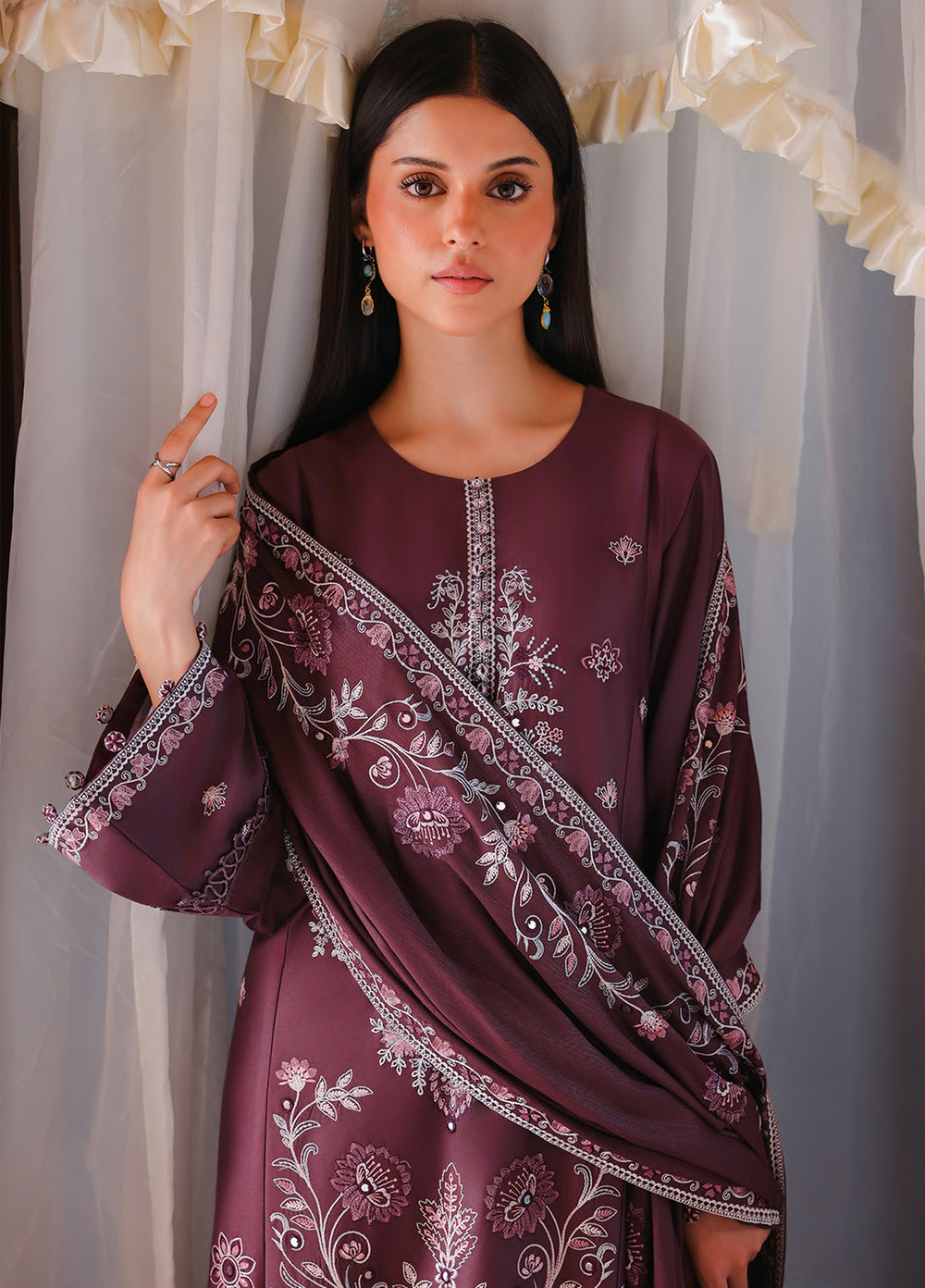 Cross Stitch Unstitched Embroidered Cotton Satin 3 Piece Suit CS26UCS Mulberry Brown - Casual Collection