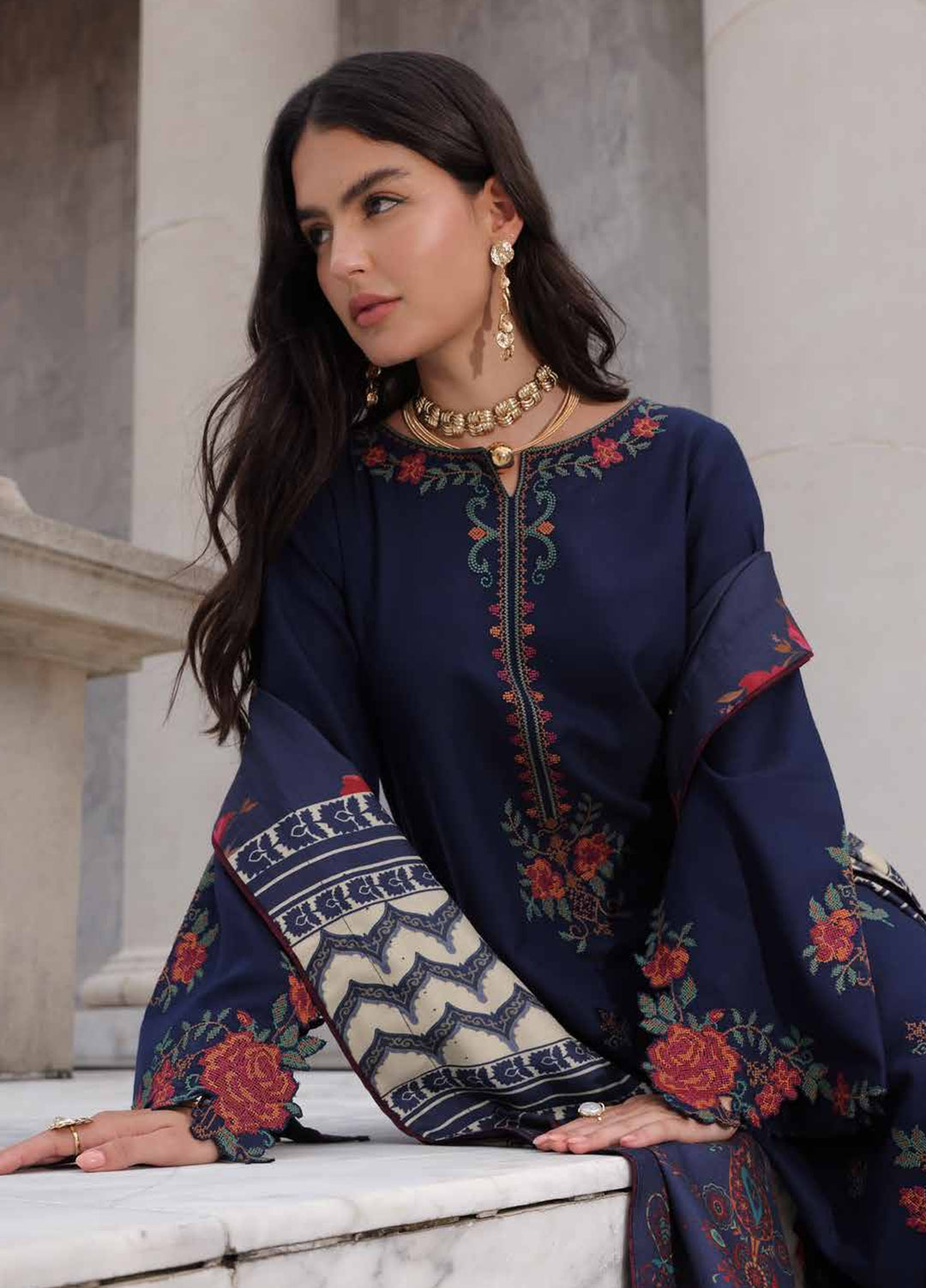 Poshima by Charizma Unstitched Embroidered Leather Peach 3 Piece Suit CHR26UPL PSW6-22 - Winter Collection