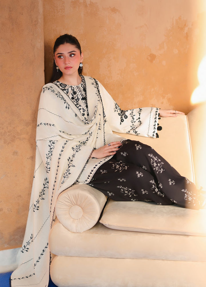 Cross Stitch Unstitched Embroidered Cotton Satin 3 Piece Suit CS26UCS Ivory Noir - Casual Collection