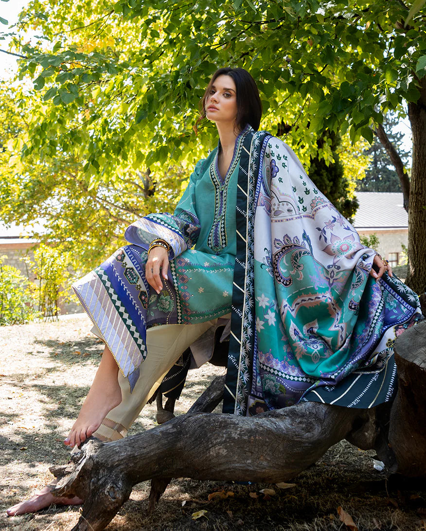 Mushq Hemline Echoes Of Serneity Unstitched Festive Raw Silk Printed 3 Piece MQ25ES D-10 Lunar Dew - Festive Collection