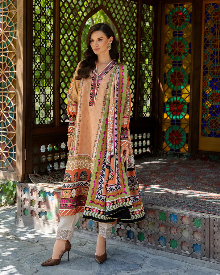Mushq Hemline Echoes Of Serneity Unstitched Festive Raw Silk Printed 3 Piece MQ25ES D-01 Solara Crest - Festive Collection
