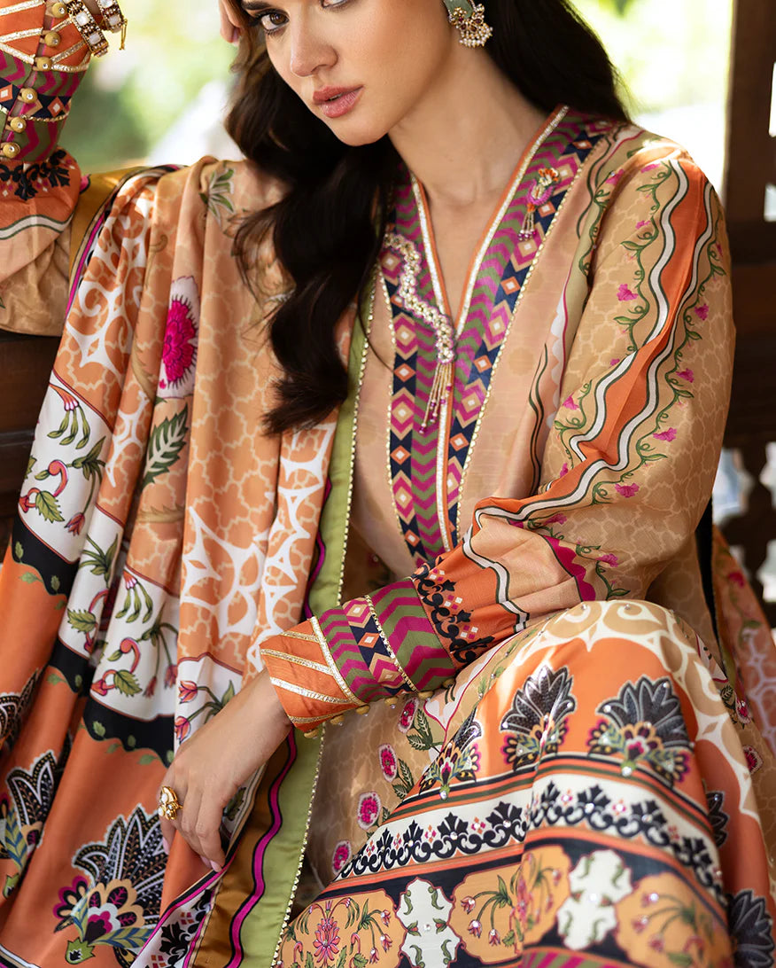 Mushq Hemline Echoes Of Serneity Unstitched Festive Raw Silk Printed 3 Piece MQ25ES D-01 Solara Crest - Festive Collection