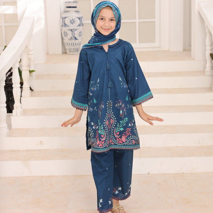 Satrangi by Suntex Fabrics Girls RTW Printed Lawn 3 Piece Suit Indigo Blue Festive Collection