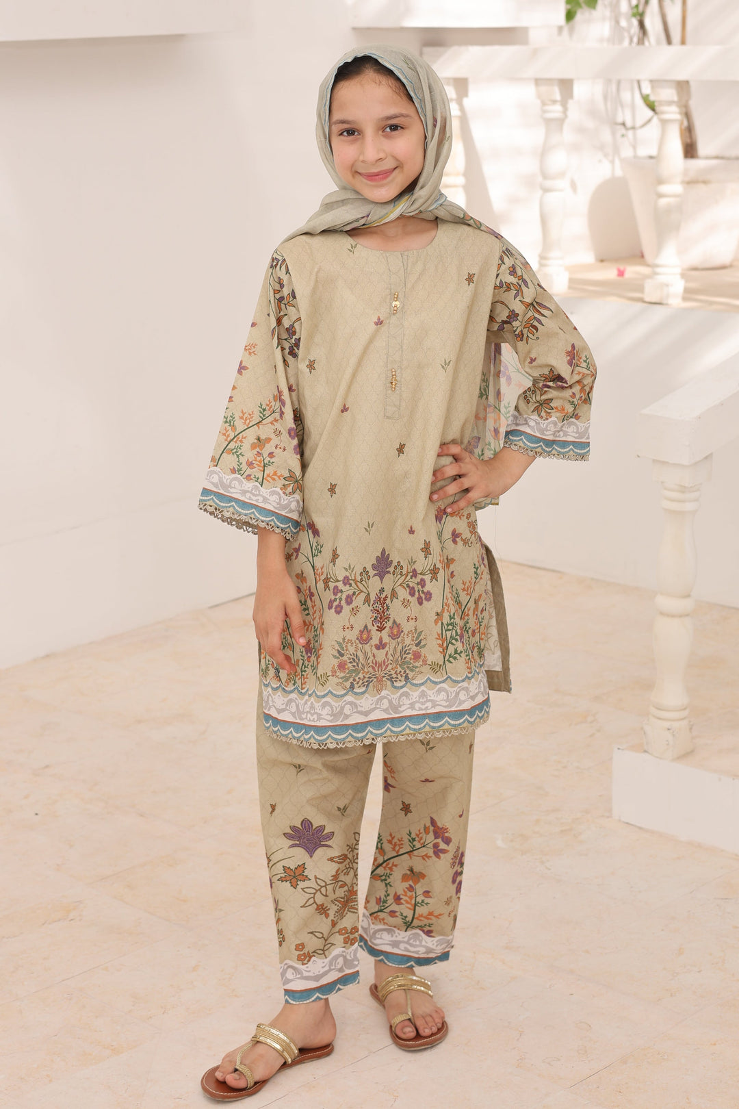 Satrangi by Suntex Fabrics Girls RTW Printed Lawn 3 Piece Suit Khaki Festive Collection