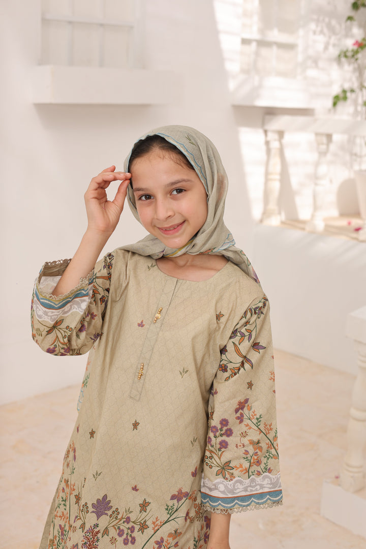 Satrangi by Suntex Fabrics Girls RTW Printed Lawn 3 Piece Suit Khaki Festive Collection