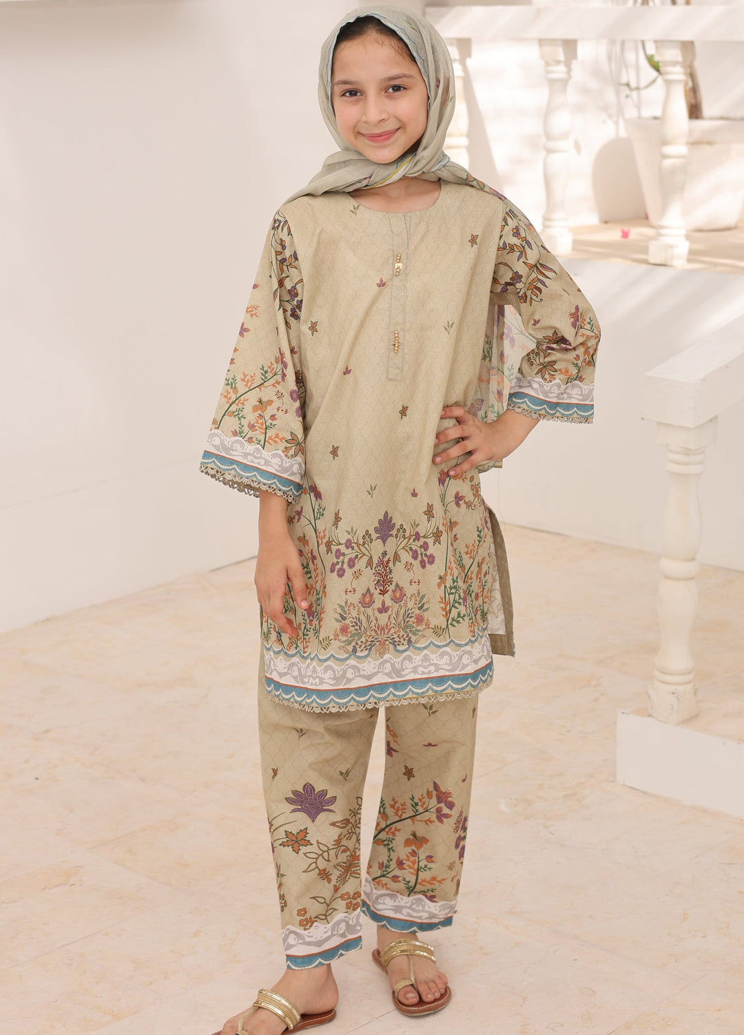 Satrangi by Suntex Fabrics Girls RTW Printed Lawn 3 Piece Suit Khaki Festive Collection