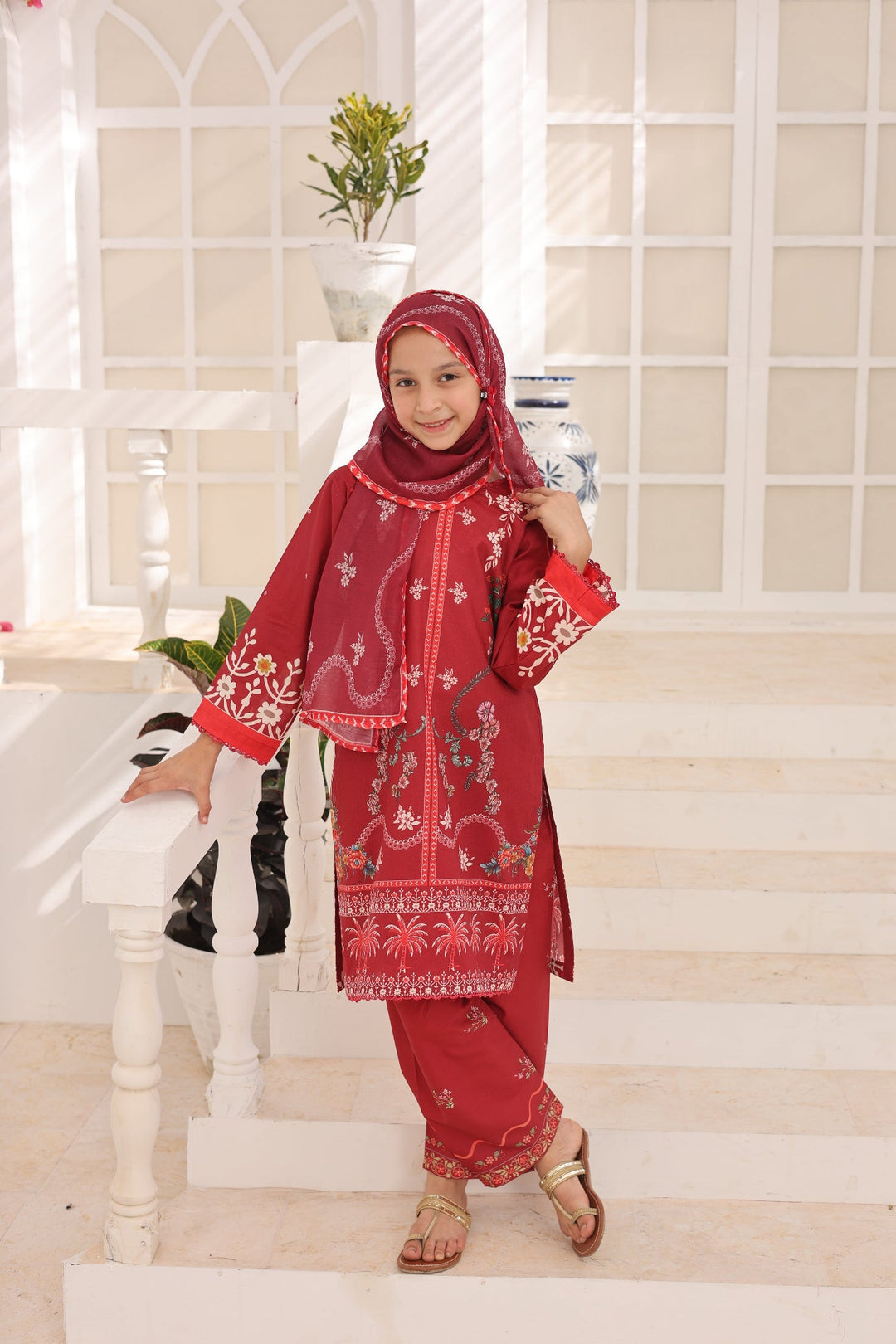 Satrangi by Suntex Fabrics Girls RTW Printed Lawn 3 Piece Suit Maroon Festive Collection