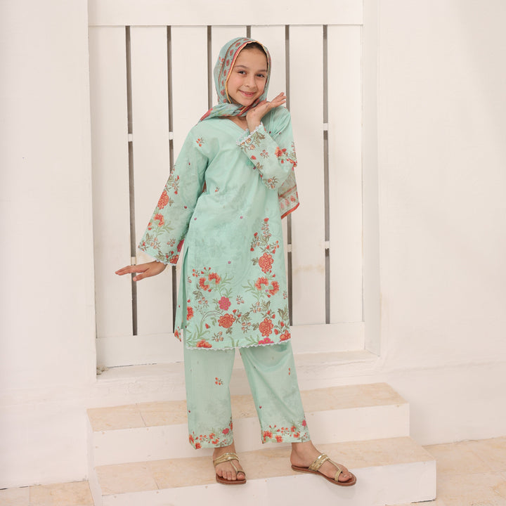 Satrangi by Suntex Fabrics Girls RTW Printed Lawn 3 Piece Suit Mint Green Festive Collection