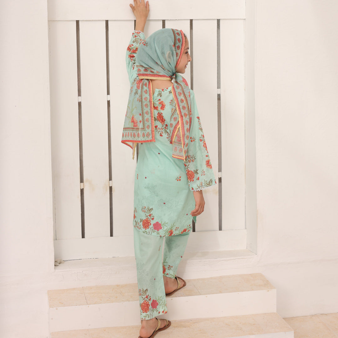 Satrangi by Suntex Fabrics Girls RTW Printed Lawn 3 Piece Suit Mint Green Festive Collection
