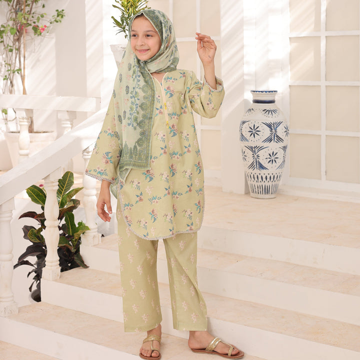 Satrangi by Suntex Fabrics Girls RTW Printed Lawn 3 Piece Suit Pistachio Festive Collection