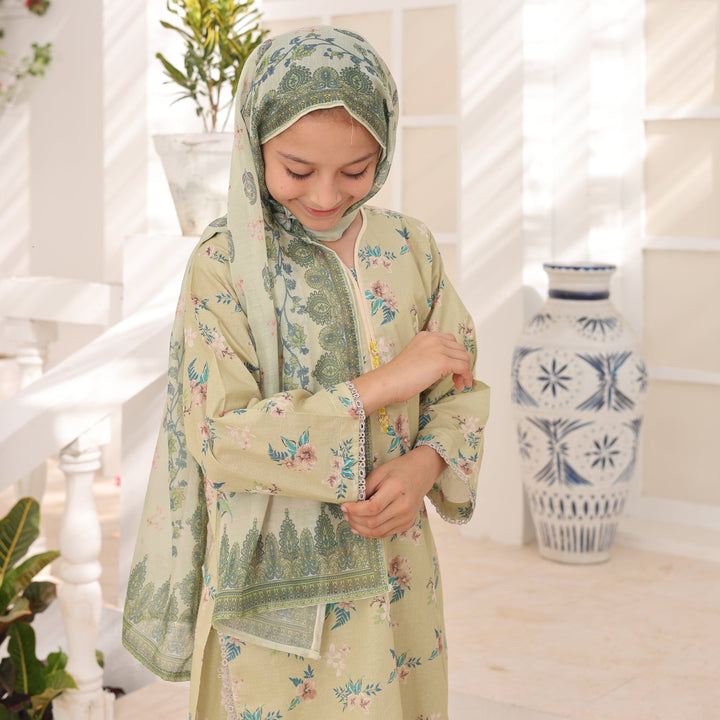 Satrangi by Suntex Fabrics Girls RTW Printed Lawn 3 Piece Suit Pistachio Festive Collection