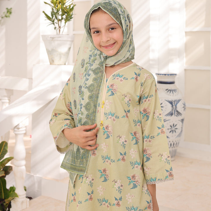 Satrangi by Suntex Fabrics Girls RTW Printed Lawn 3 Piece Suit Pistachio Festive Collection