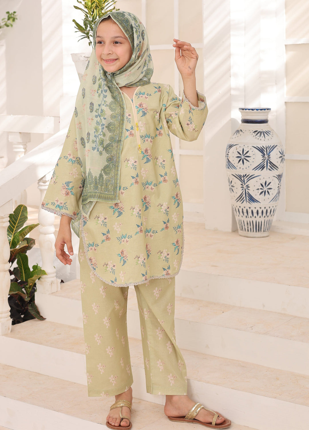 Satrangi by Suntex Fabrics Girls RTW Printed Lawn 3 Piece Suit Pistachio Festive Collection
