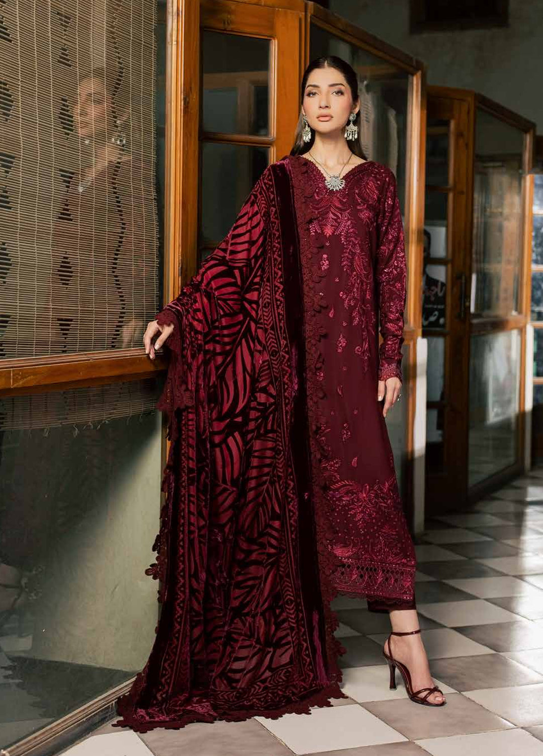 Nureh Exclusive Unstitched Leather Peach with Shawl 3 Piece Suit NU26UEP NE-286 - Festive Collection
