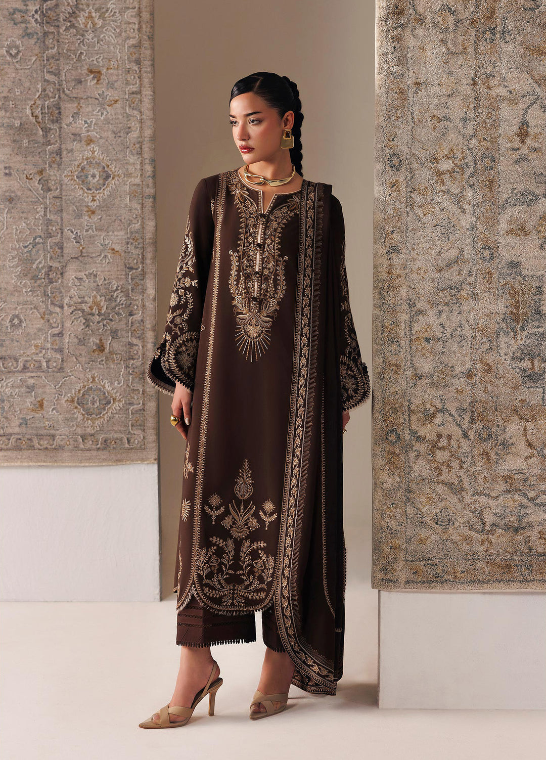 Q line by Qalamkar Unstitched Embroidered Slub Linen 3 Piece Suit QLK26UQL Shaheen QLW-04 - Winter Collection