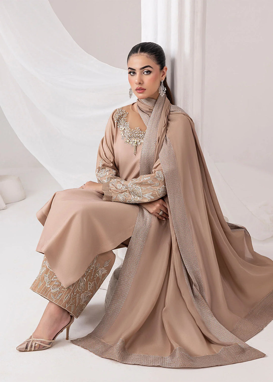 Silk Ivy by Jamnii Pret Embroidered Silk 3 Piece Suit Desert Rose
