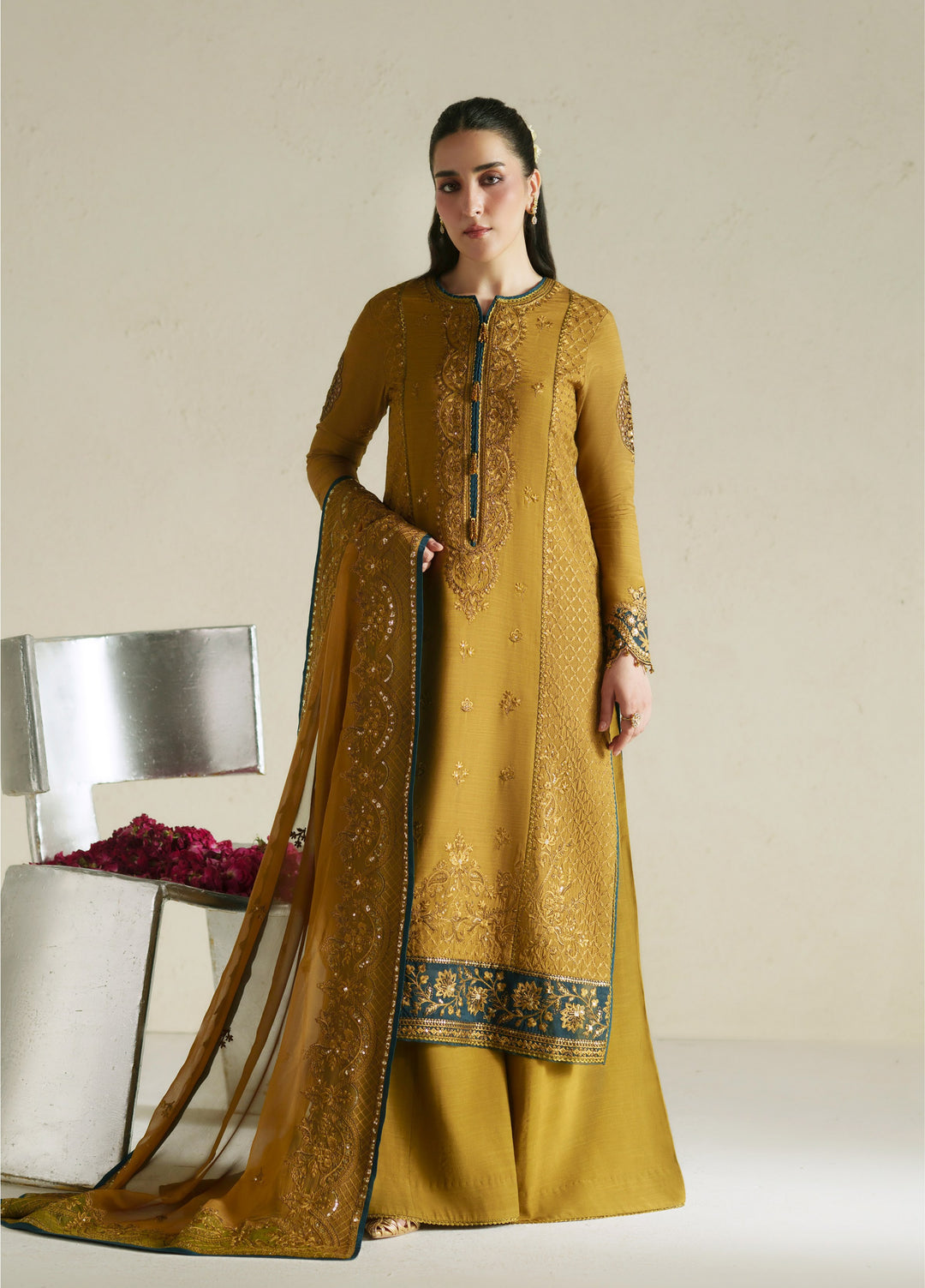 Vera Unstitched Embroidered Raw Silk 3 Piece Suit VR26URF Kundan Antique Gold - Festive Collection