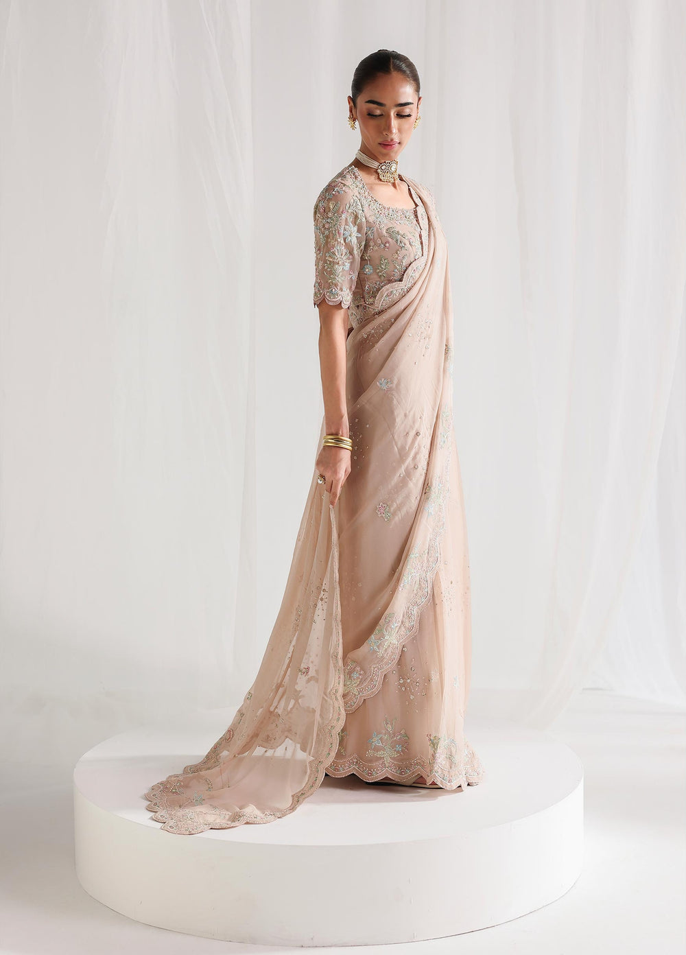 Qalamkar Unstitched Embroidered Chiffon Saree QLK26UCF Novera QCC-04 - Festive Collection