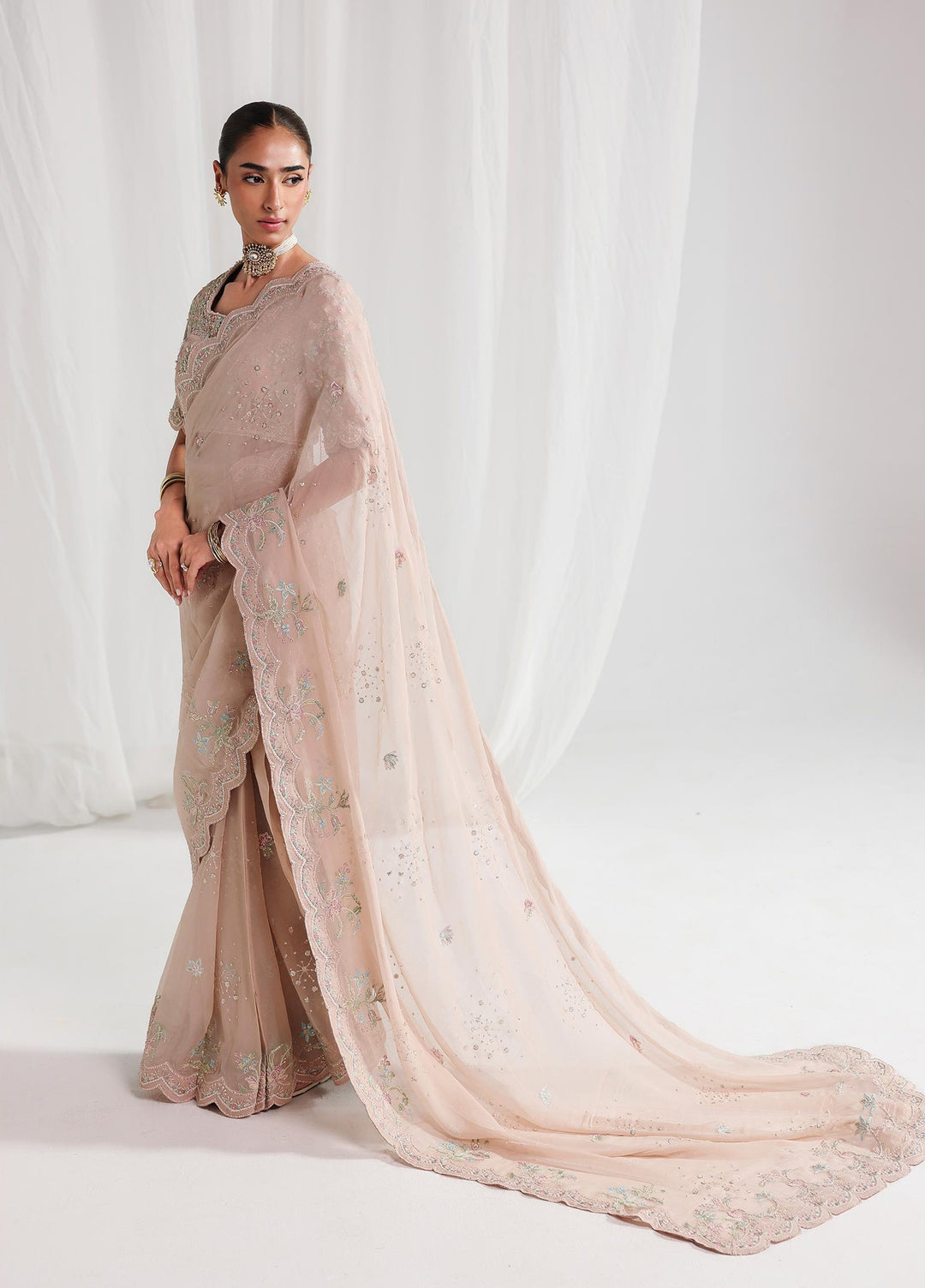 Qalamkar Unstitched Embroidered Chiffon Saree QLK26UCF Novera QCC-04 - Festive Collection
