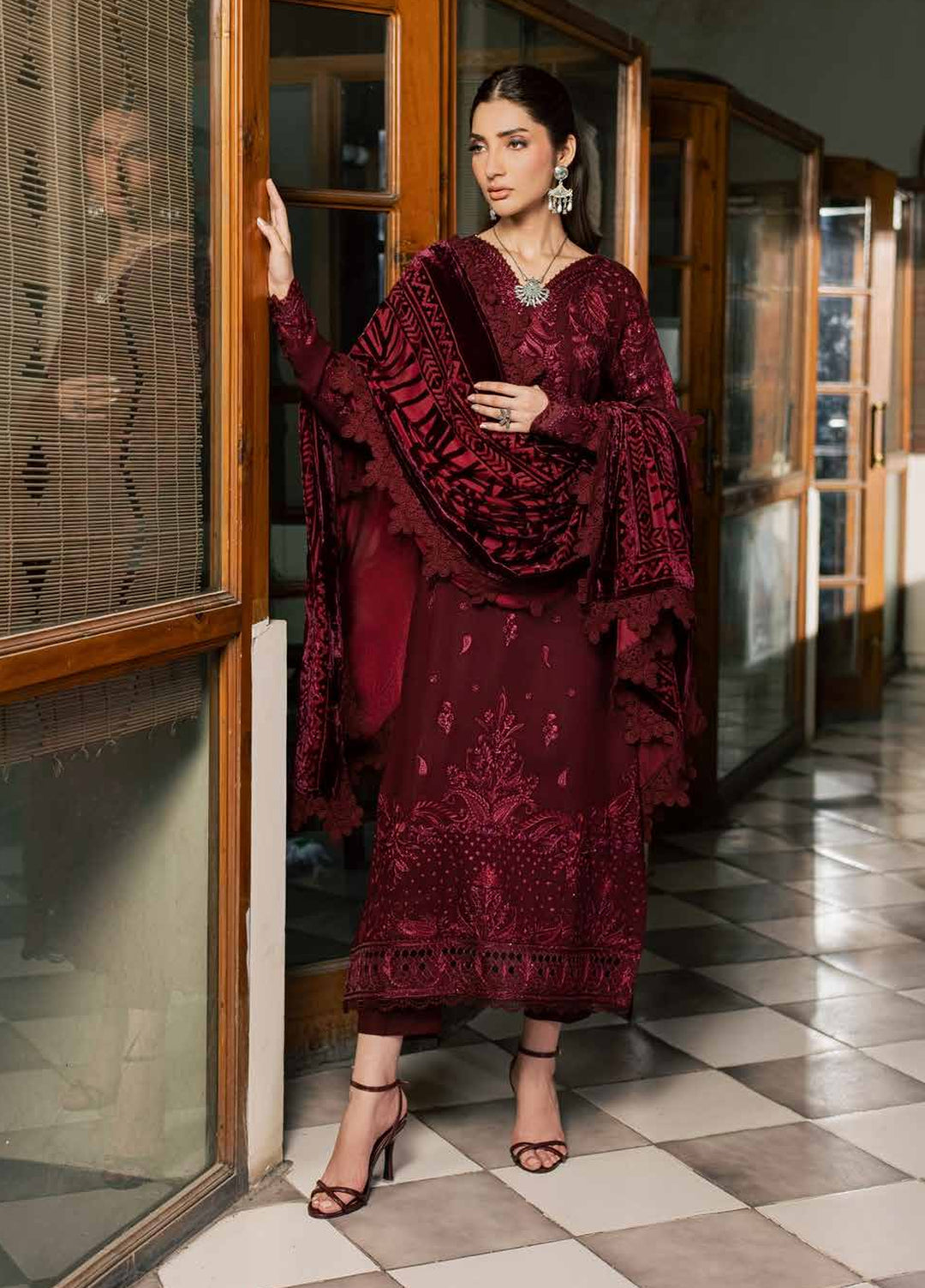 Nureh Exclusive Unstitched Leather Peach with Shawl 3 Piece Suit NU26UEP NE-286 - Festive Collection