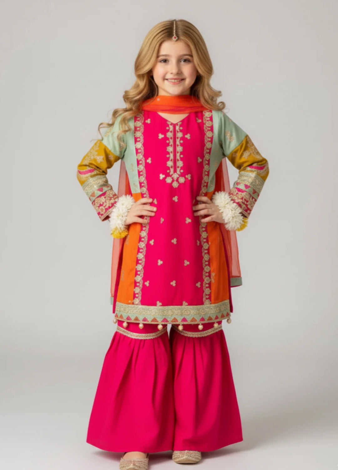 Khanak Girls RTW Embroidered Raw Silk 3 Piece Suit KG-13 - Festive Collection