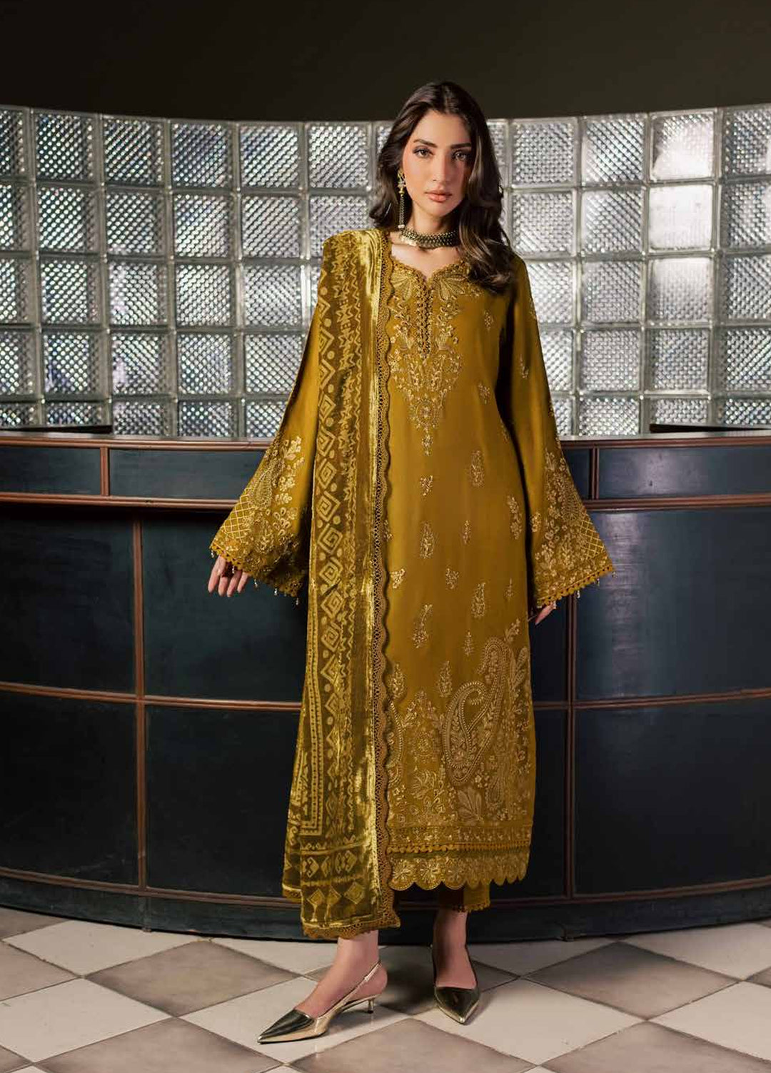 Nureh Exclusive Unstitched Leather Peach with Shawl 3 Piece Suit NU26UEP NE-283 - Festive Collection