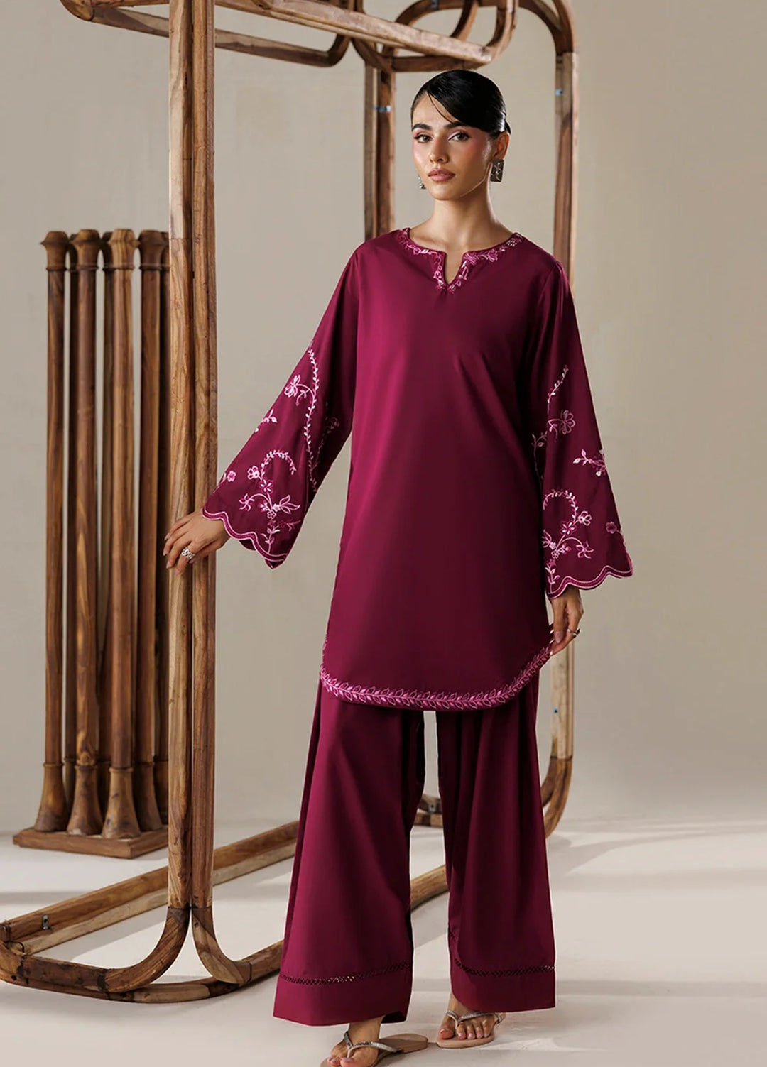 Azure Women RTW Embroidered Poly Co-Ord Sets Suit Cerise - Casual Collection