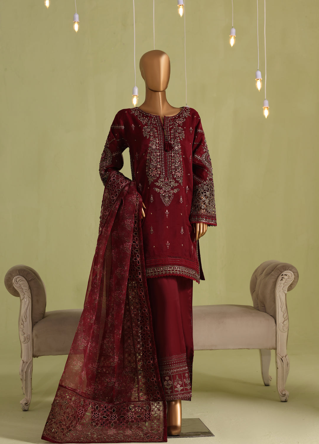 Falsafaa by HZ Textiles RTW Embroidered Organza 3 Piece Suit HZ26ULF HZK-238 Maroon - Festive Collection