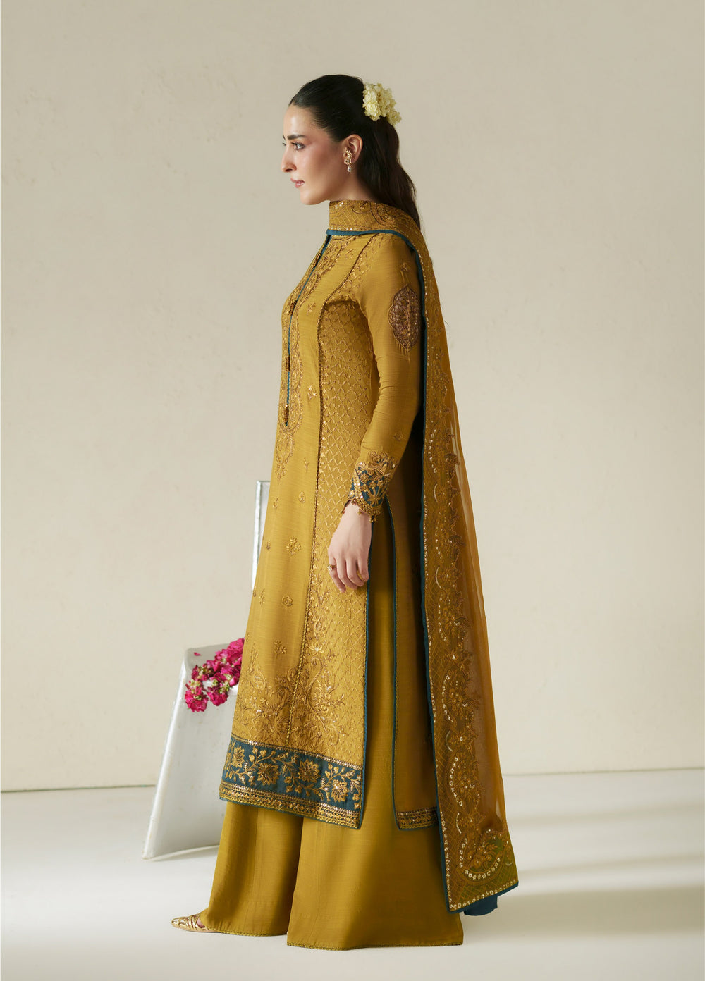 Vera Unstitched Embroidered Raw Silk 3 Piece Suit VR26URF Kundan Antique Gold - Festive Collection