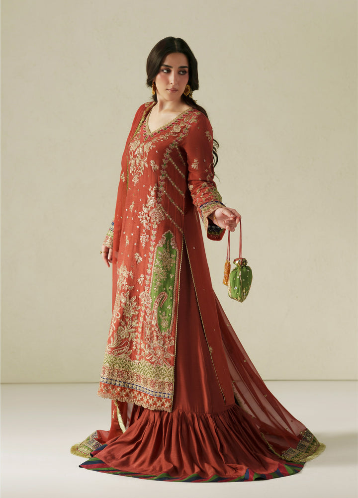 Vera Unstitched Embroidered Raw Silk 3 Piece Suit VR26URF Zar Rust - Festive Collection