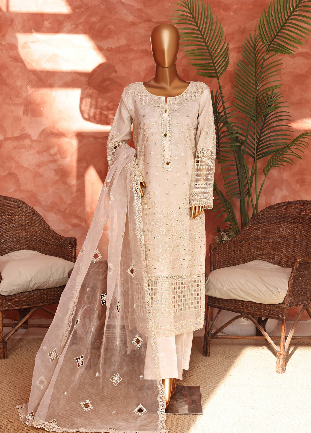 Shaahkaar by HZ Textiles RTW Embroidered Organza 3 Piece Suit HZ26PSO HZK-240 Cream - Festive Collection