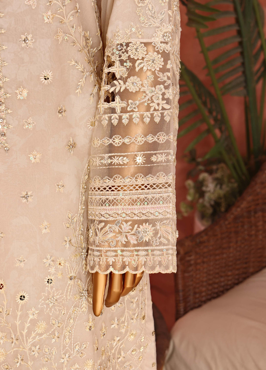 Shaahkaar by HZ Textiles RTW Embroidered Organza 3 Piece Suit HZ26PSO HZK-240 Cream - Festive Collection