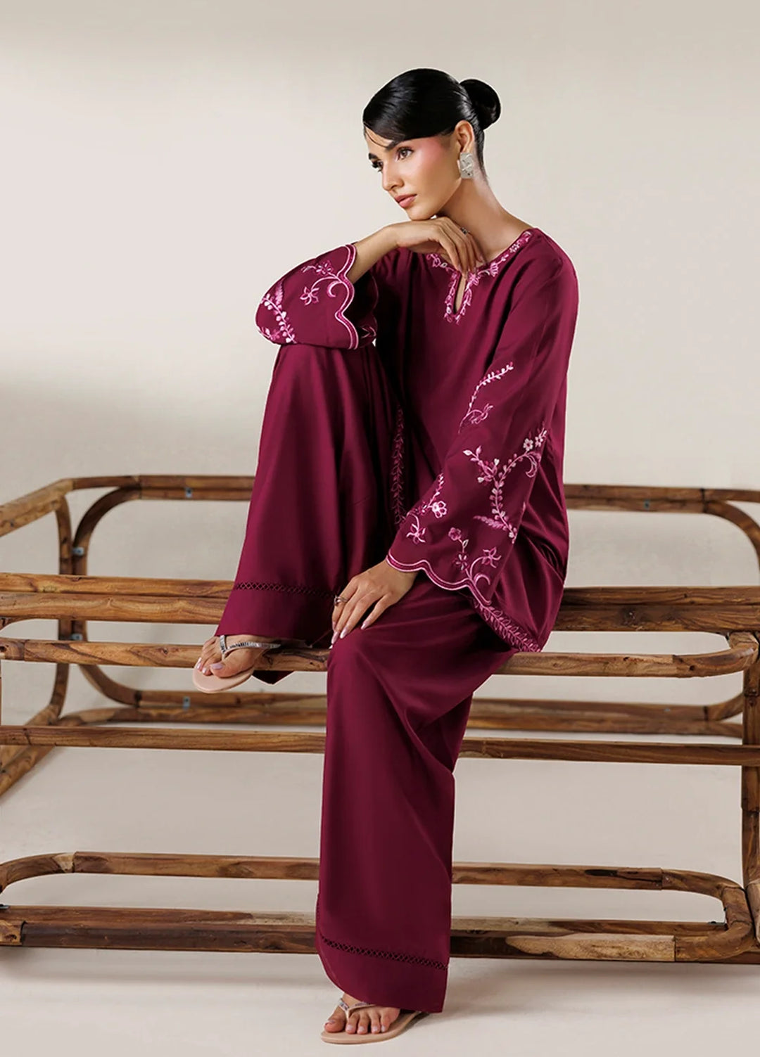 Azure Women RTW Embroidered Poly Co-Ord Sets Suit Cerise - Casual Collection