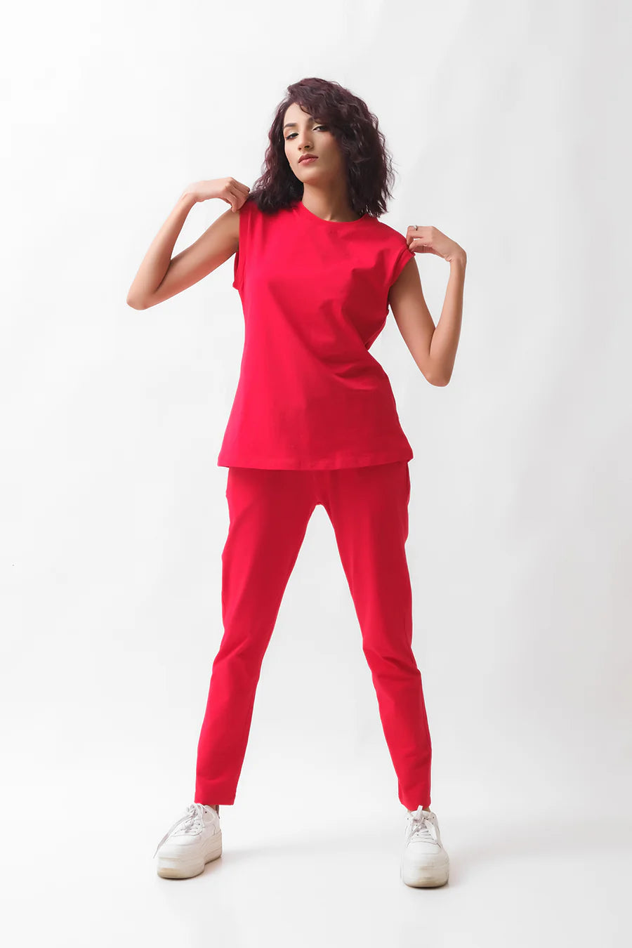 Dhaga Women Western Solids 2 Piece jersy Red Co Ords Sleevesless DHSSSCO5 - Summer Collection