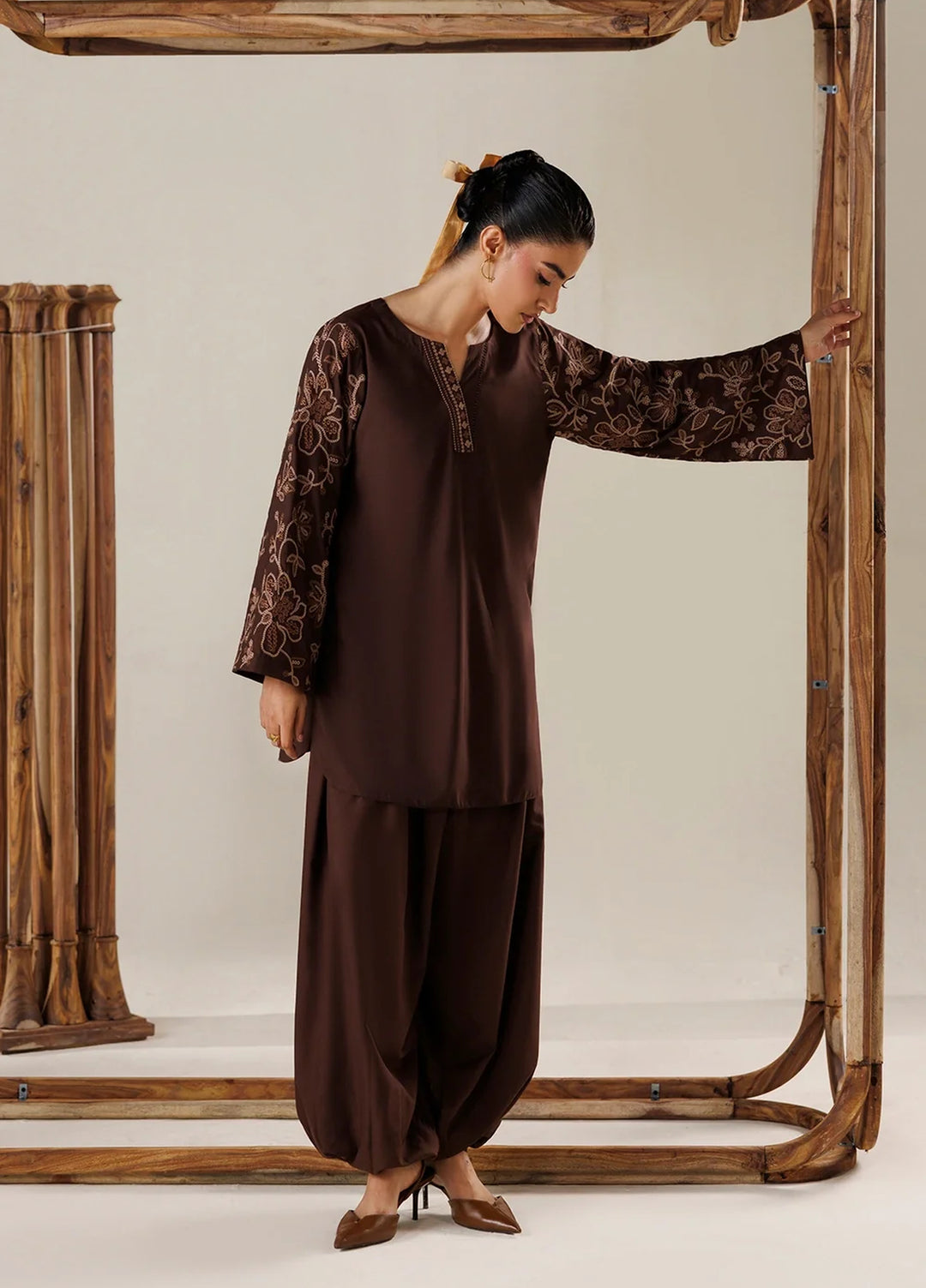Azure Women RTW Embroidered Poly Co-Ord Sets Suit Mocha - Casual Collection
