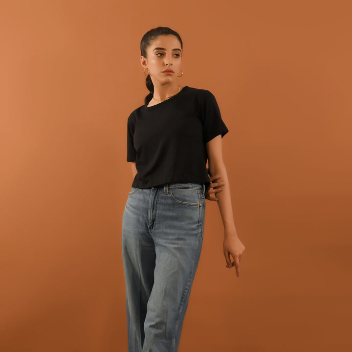 Dhaga Women Western Solids T- Shirt jersy Black Crop DT10002 - Summer Collection