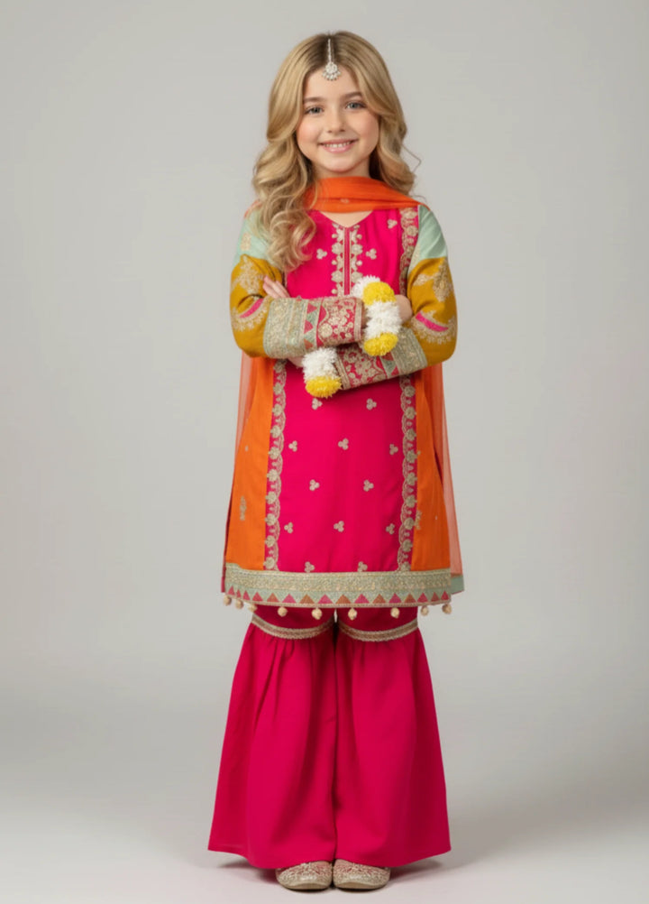 Khanak Girls RTW Embroidered Raw Silk 3 Piece Suit KG-13 - Festive Collection