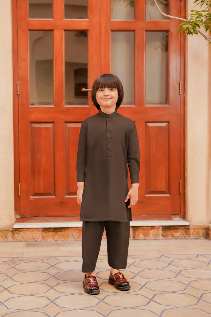 Paasban by Divinely Crafted Solids Blended 2 Piece Shalwar Kameez For Kids Mocha Brown - Summer Collection