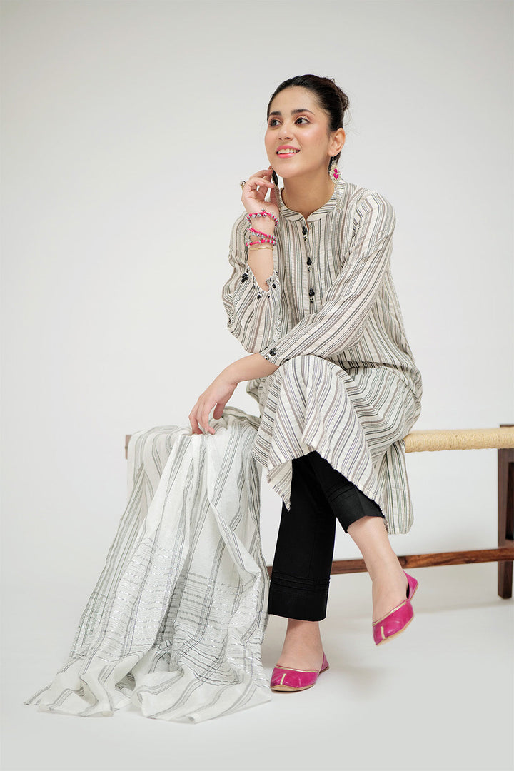 Senorita Women RTW Women Embroidered White and Black Casual plus 3 Piece Suit Cotton Jacquard LBD-02664 - Summer Collection