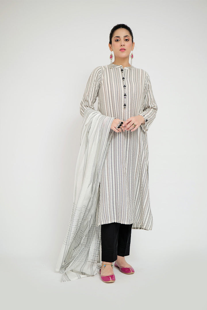 Senorita Women RTW Women Embroidered White and Black Casual plus 3 Piece Suit Cotton Jacquard LBD-02664 - Summer Collection