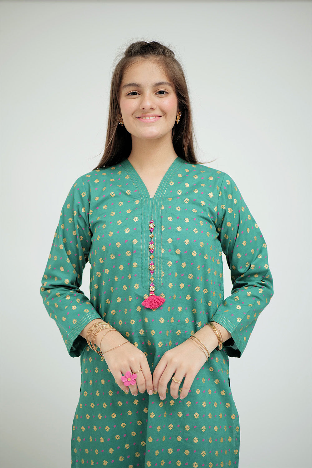 Senorita Girls Ready to Wear Girls Turquoise Green Casual 3 Piece Suit Cotton Cambric Printed GAD-02652 - Summer Collection