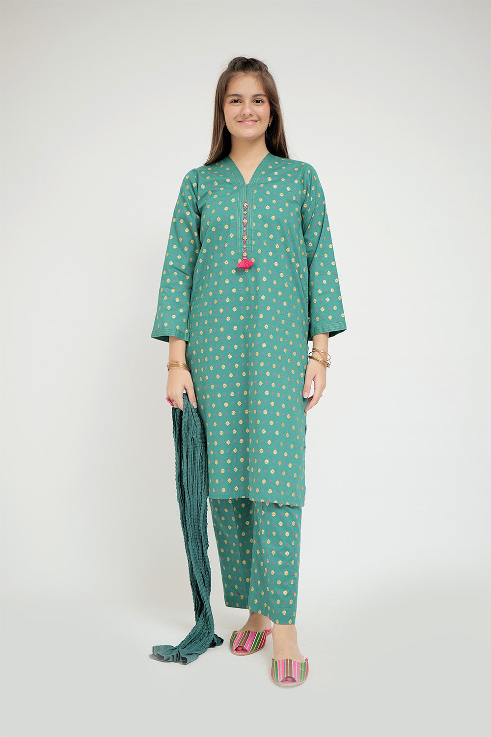 Senorita Girls Ready to Wear Girls Turquoise Green Casual 3 Piece Suit Cotton Cambric Printed GAD-02652 - Summer Collection
