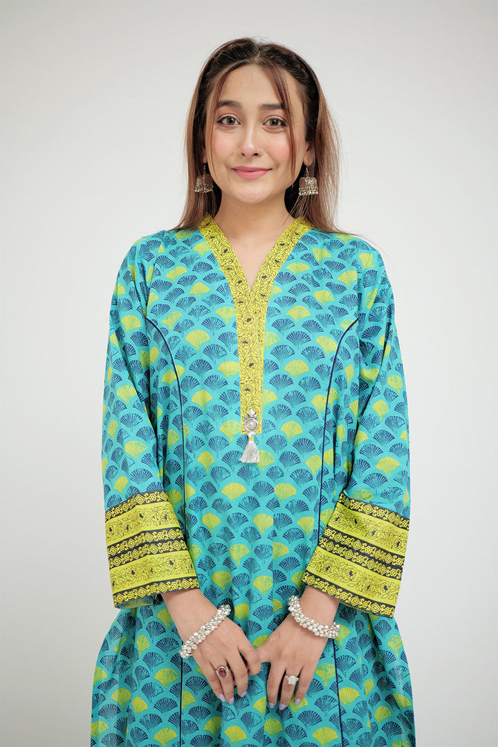 Senorita Women RTW Women Sea Green and Multicolor Casual 2 Piece Suit Cotton Lawn Printed LAC-02691 - Summer Collection