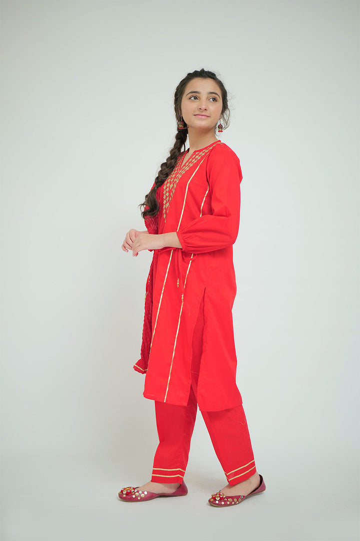 Senorita Girls Ready to Wear Girls Red Casual 3 Piece Suit Cotton Cambric Printed GAD-02663 - Summer Collection