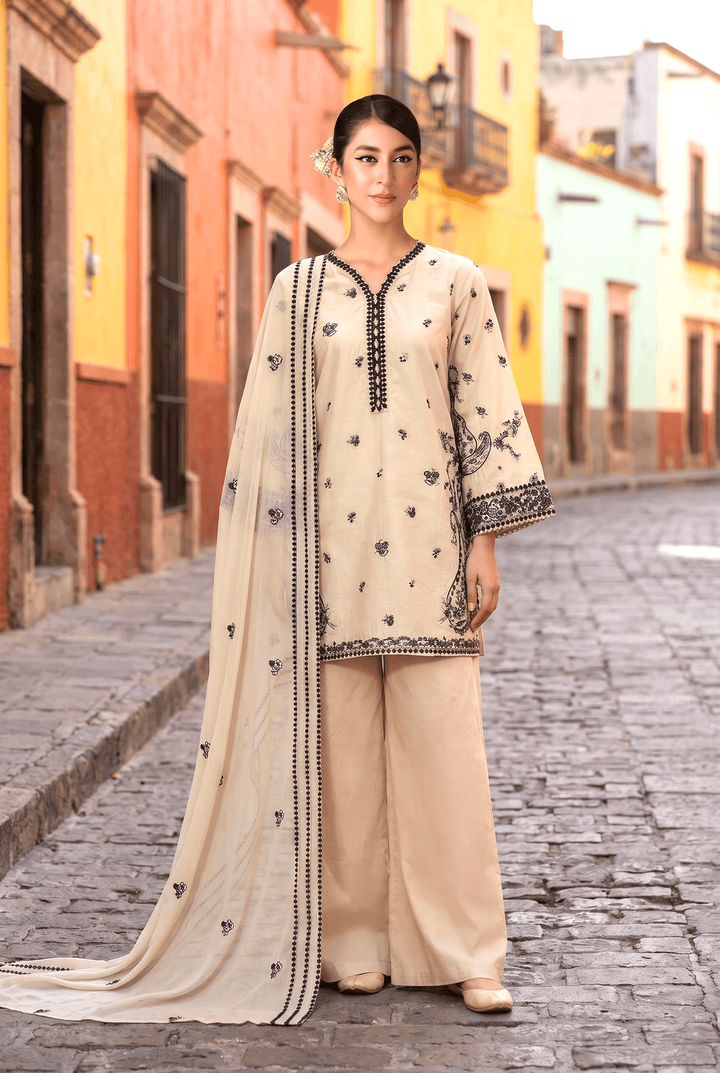Celestia Luxe by Maherposh RTW Chikankari Lawn 3 Piece Suit Ivory Noir SS-207 Casual Collection