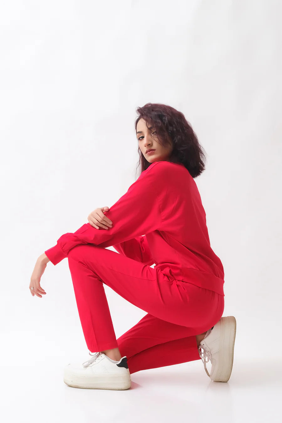 Dhaga Women Western Solids 2 Piece jersy Red Co Ords Crop DHSSSCO5 - Summer Collection